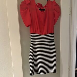 Coral and Black/White Striped Dress with Puff Sleeves